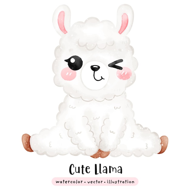 Llama lindo sonriendo y sentado en estilo acuarela