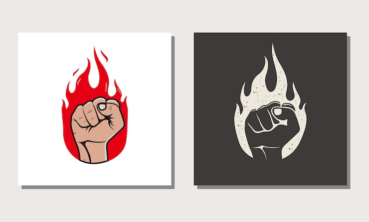 Vector llama de mano levantada con logotipo de puño cerrado fuerte fuerza en la ilustración de vector de fuego