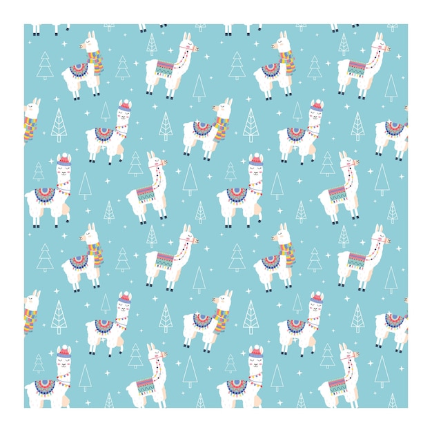 Llama de patrón lindo con diseño vectorial de flores en azul