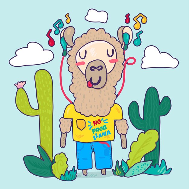 Llama en personaje de dibujos animados de auriculares