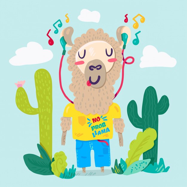 Llama en personaje de dibujos animados plano de auriculares