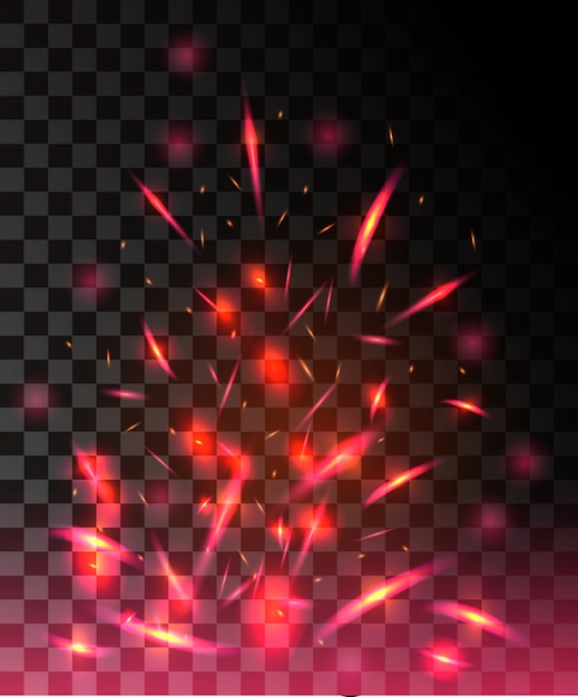 Llama roja de fuego con chispas que vuelan partículas brillantes sobre fondo transparente oscuro