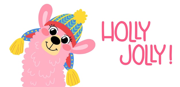 Llama rosa con sombrero con texto holly jolly para navidad y año nuevo