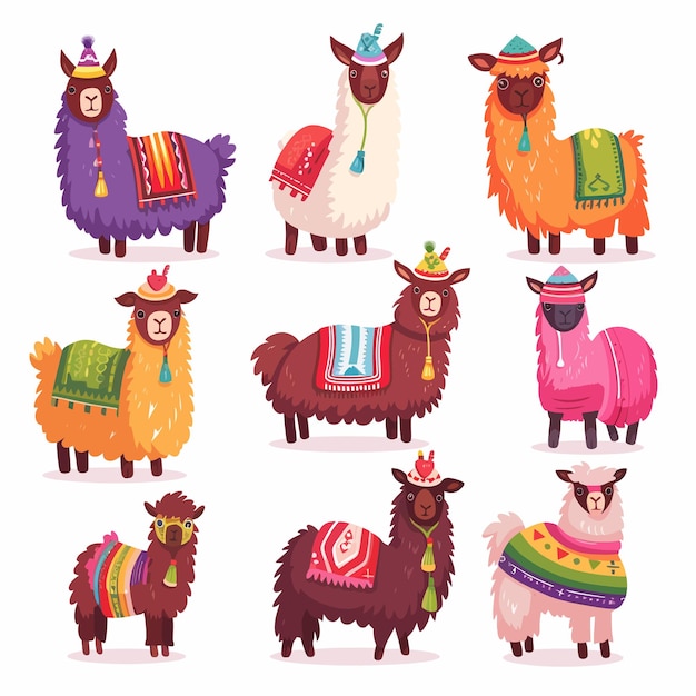 Vector llamacartoon_alpaca_lama_funny_animal conjunto