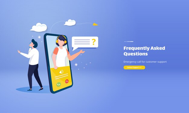 Llamada de emergencia para atención al cliente con el concepto de ilustración de preguntas frecuentes