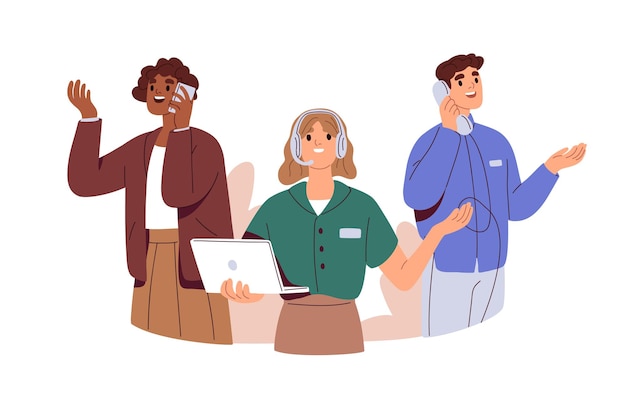 Llamadas de trabajo, concepto de comunicación comercial. asistentes, consultores remotos, operadores en el helpdesk, centro de atención al cliente, hablando con clientes. ilustración vectorial plana aislada en fondo blanco