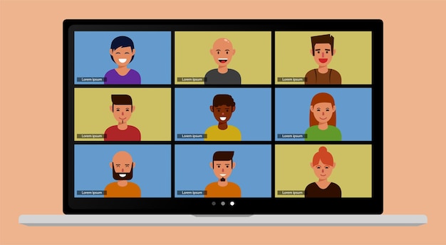 Llamadas de videoconferencia de dibujos animados durante el trabajo desde casa