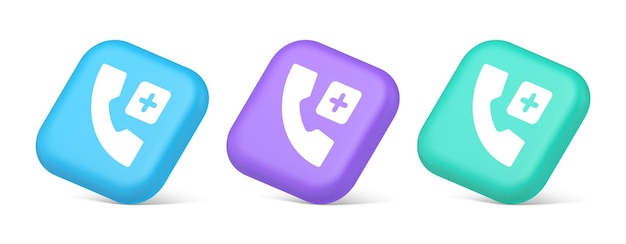 Llamar al teléfono agregar servicio de línea directa de emergencia botón cuadrado iconos 3D realistas