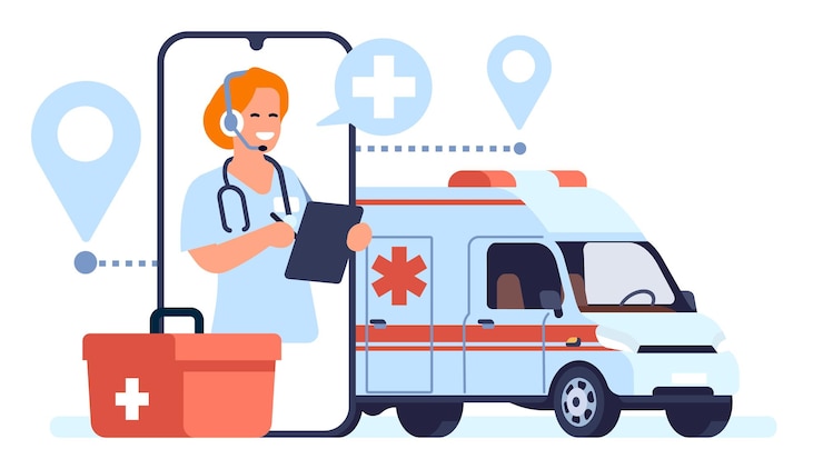 Vector llamar a la ambulancia usando el teléfono celular y el operador del hospital pantalla del teléfono inteligente comunicación móvil con paramédicos de emergencia vehículo de rescate de la clínica contacto con el médico concepto de vector