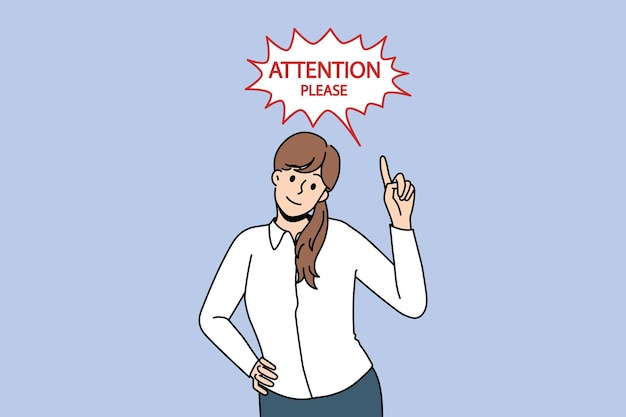 Llamar la atención y el concepto de promoción. Joven empresaria de pie y señalando con el dedo a la atención, por favor, ponga letras a la ilustración del vector de signos