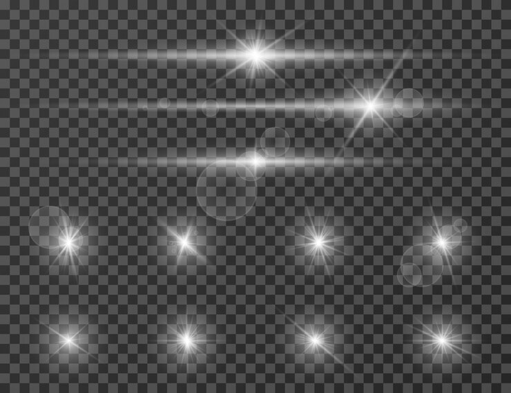 Vector llamarada de luz. efecto de linterna brillante de lente óptica. brillante flash de la cámara. conjunto de destellos realistas