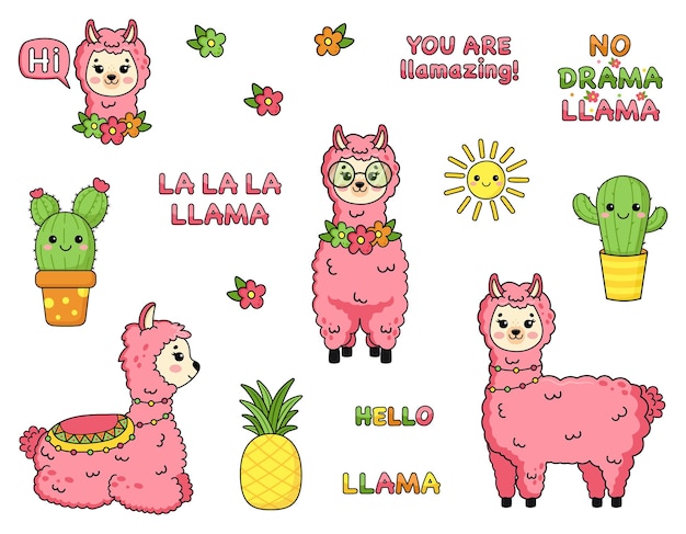 Llamas y alpacas con cactus dibujados a mano Ilustración vectorial Llamas con citas divertidas