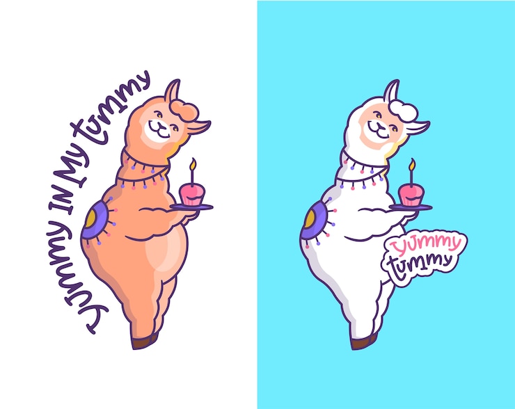 Vector las llamas alpacas son con cupcakes. los personajes de dibujos animados están en la fiesta de cumpleaños.