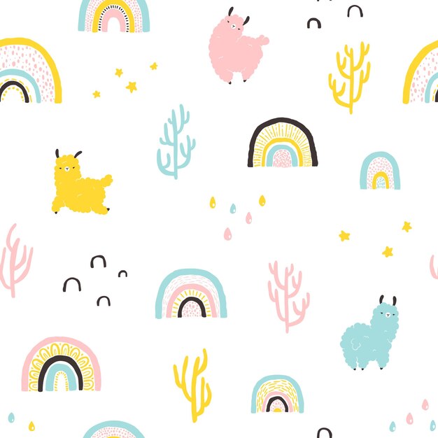 Llamas con arco iris, cactus de patrones sin fisuras. personaje colorido de dibujos animados en estilo escandinavo estilo infantil dibujado a mano simple aislado sobre fondo blanco. ideal para guardería, ropa de bebé, textiles.