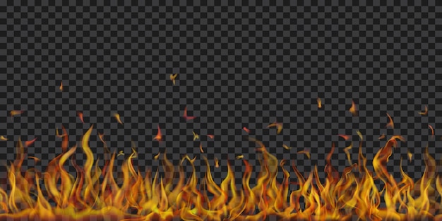 Llamas y chispas de fuego translúcidas con repetición horizontal sobre un fondo transparente