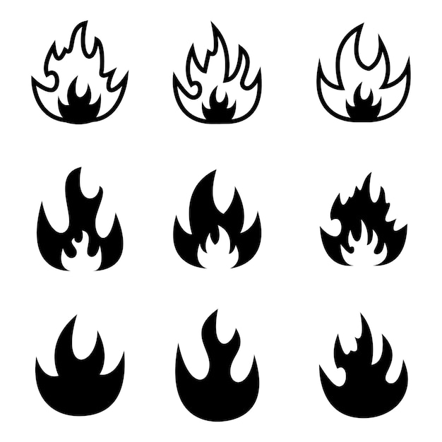 Llamas de fuego conjunto de iconos de llamas en diferentes formas iconos de fuego de glifos