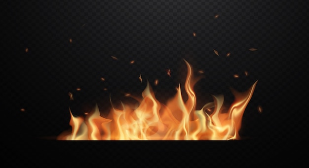 Llamas de fuego realistas sobre fondo negro transparente. Ilustración de diseño plano