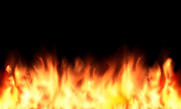 Llamas de fuego translúcidas chispas repetición horizontal sin costuras en vector de fondo negro
