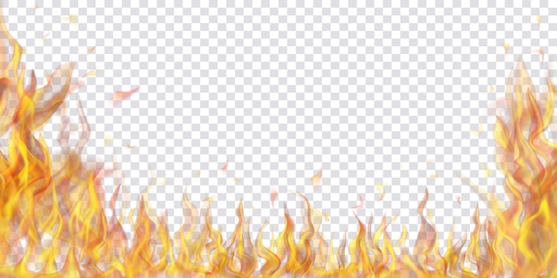 Llamas de fuego translúcidas y chispas sobre fondo transparente. Para uso en ilustraciones claras. Transparencia solo en formato vectorial