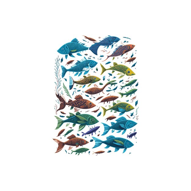 Vector llamativo diseño de camiseta con una variedad de peces en tonos de arcoíris.