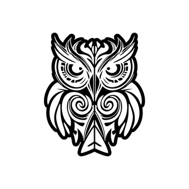 Llamativo tatuaje de búho estampado con diseños polinesios en blanco y negro