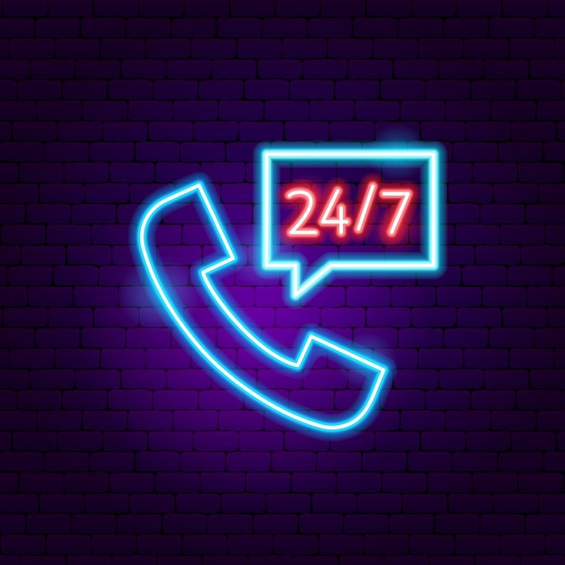 Llame a 24 7 letrero de neón. Ilustración de vector de promoción empresarial.