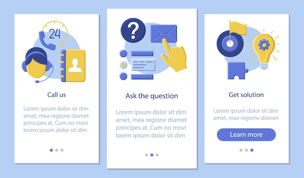 Llámenos plantilla de vector de pantalla de página de aplicación móvil. haga una pregunta, obtenga una solución. servicio de atención al cliente. mesa de ayuda. instrucciones de sitio web de diseño plano. ux, ui, gui concepto de dibujos animados de interfaz de teléfono inteligente