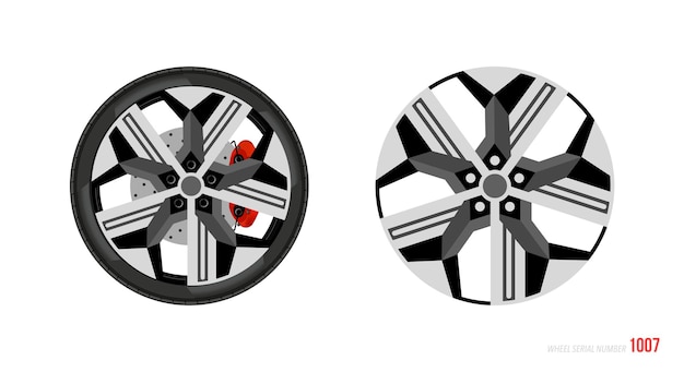Llanta de coche realista. Símbolo de rueda y llanta en estilo moderno y plano. Ilustración de vector de elemento de coche
