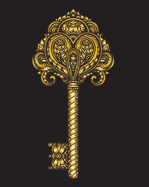 Vector llave adornada antigua dibujada a mano en dorado metálico.