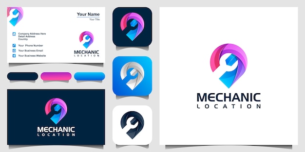 Llave de colores en el icono de pin del mapa o logotipo. Signo de servicio de coche, reparación pin pin símbolo. Ilustración de stock aislado sobre fondo blanco. y tarjeta de visita