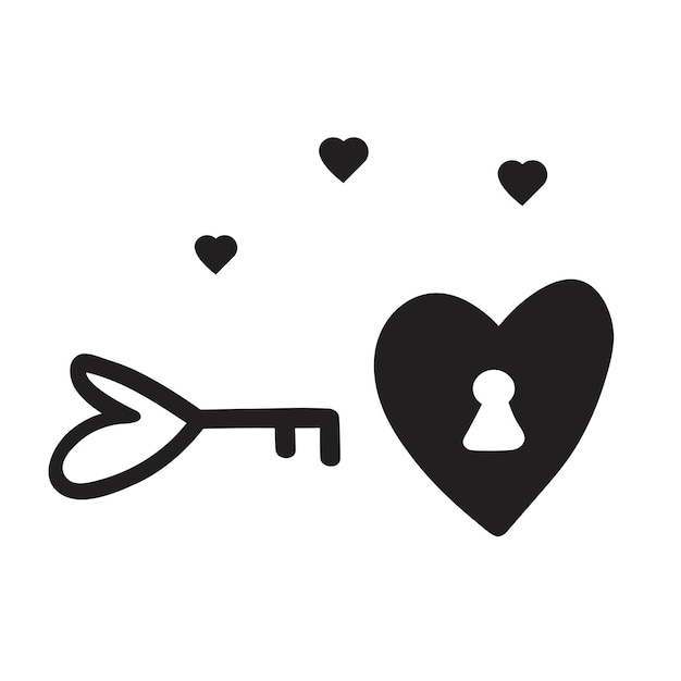 Una llave y un corazón Amor Iconos de contorno aislados Color negro Ilustración dibujada a mano sobre fondo blanco