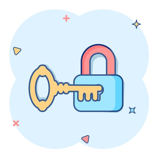 Llave con icono de candado en estilo cómico Acceder inicio de sesión vector dibujos animados ilustración pictograma Bloquear ojo de cerradura concepto de negocio efecto de salpicadura