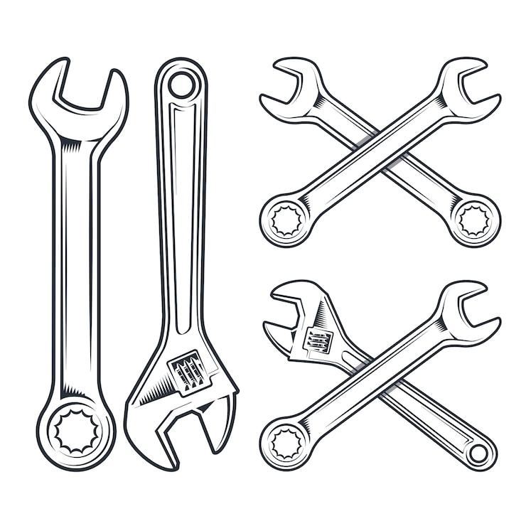 Vector llave inglesa y llave inglesa ajustable. icono de herramientas de reparación aislado sobre fondo blanco.