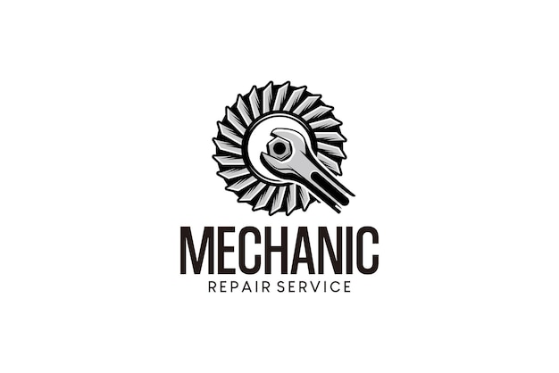 llave y perno vectorial con engranajes para servicio de reparación de máquinas de diseño de logotipo mecánico