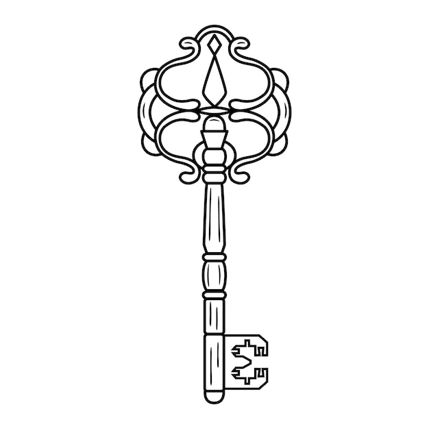 Llave vintage ornamental dibujada a mano en el arte de línea Símbolo de decoración retro talismán estilo antiguo boho Ilustración de boceto de garabato vectorial aislado sobre fondo blanco