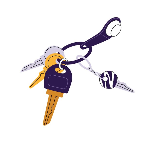 Llaves de acero de diferentes tamaños y formas colgando de llaves de anillo de llave de llave con cadenas para cerrar la puerta de la casa buzón de correo ilustración vectorial aislada plana sobre fondo blanco