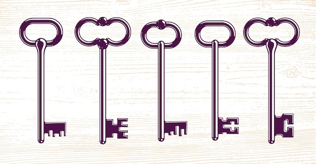 Las llaves antiguas, los logotipos vectoriales o los íconos, las hermosas llaves giratorias antiguas, las ilustraciones aisladas.