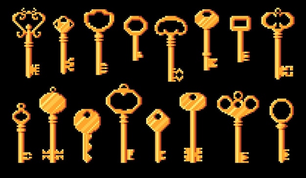 Llaves antiguas y modernas en pixel art Iconos vectoriales de juego de 8 bits de llaves de puerta Llaves doradas cúbicas de 8 bits de píxeles de las puertas de la puerta del castillo para que los activos del juego desbloqueen la entrada o el pase de nivel