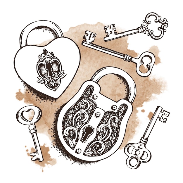 Llaves y cerraduras sobre fondo de acuarela Ilustración vectorial aislada Candado en forma de corazón con alas en estilo vintage grabado con llaves elegantes