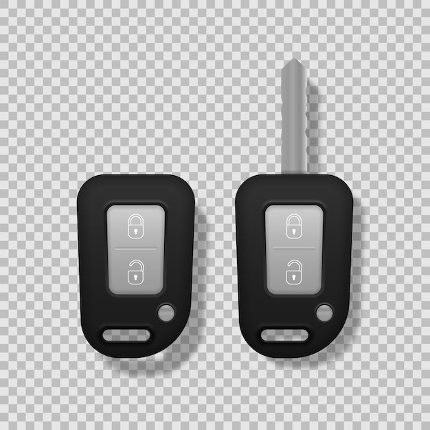 Llaves de coche realista color negro aislado sobre fondo blanco. Conjunto de sistema de alarma y vista frontal y trasera de llave electrónica del coche. 3d realista