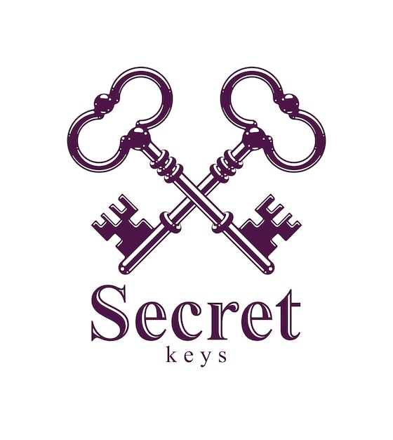 Llaves cruzadas, logotipo o emblema de vector de llaves antiguas vintage, secreto protegido, protección de datos electrónicos, llaves del cielo, etiqueta del hotel, mantener el secreto.