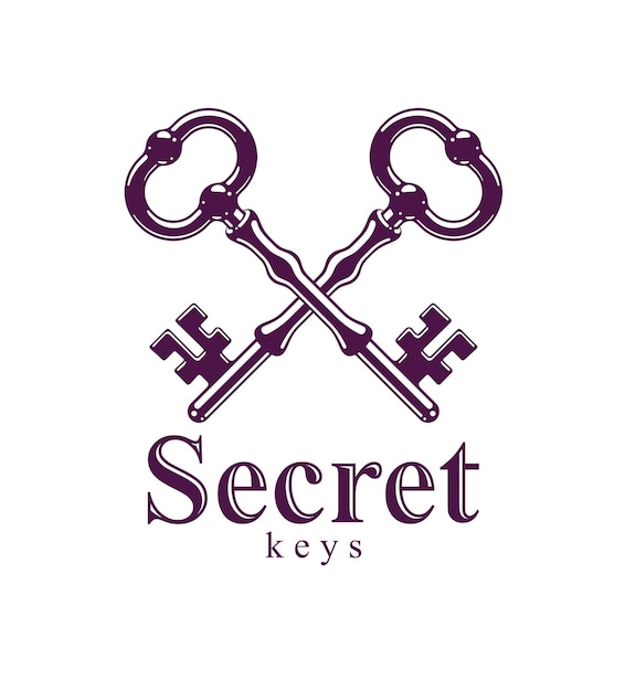 Llaves cruzadas, secreto protegido, protección de datos electrónicos, llaves del cielo, etiqueta de hotel, logotipo o emblema de vector de llaves antiguas vintage.