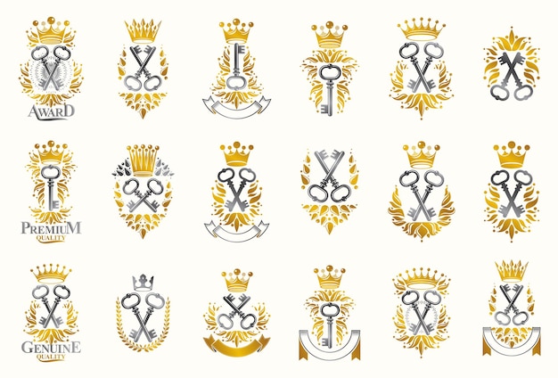 Llaves en mano secretos emblemas vector emblemas gran conjunto, colección de elementos de diseño heráldico de llaves, símbolos de heráldica de estilo clásico, diseños antiguos.