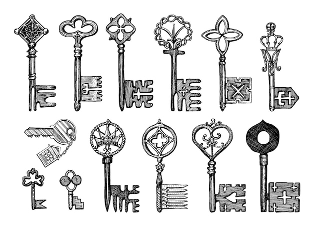 Llaves victorianas Juego de cerraduras góticas medievales El dispositivo para abrir la puerta Elementos antiguos para bloquear Sistema de seguridad Dibujo vectorial vintage Ilustración dibujada a mano grabada