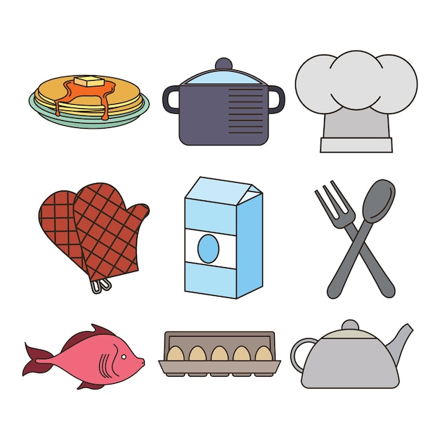 Llenar el icono de la cocina con alimentos limpios y elementos de cocina