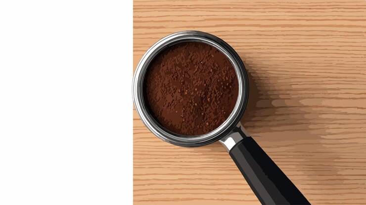 Vector lleno de filtro porta de primer plano con granos de café molidos