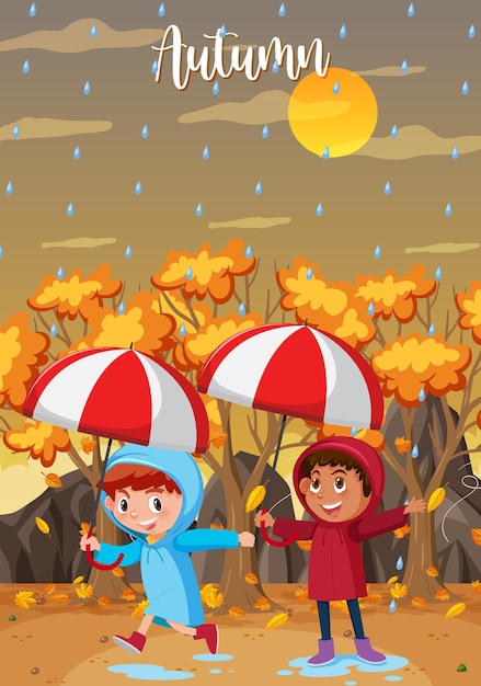 Lloviendo en otoño con los niños usan impermeable y sosteniendo paraguas