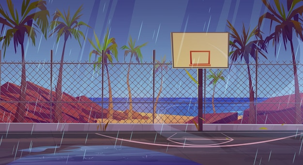 Vector lluvia en la cancha de baloncesto de la calle cerca del fondo del vector de la playa del mar estadio del patio de la escuela con cerca en la orilla del océano en tiempo lluvioso arena deportiva tropical vacía con palmeras y gotas que caen