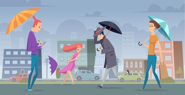 Lluvia en la ciudad. Gente caminando con paraguas en concepto estacional de fondo de vector de paisaje urbano. Ilustración ciudad de tormenta, naturaleza clima al aire libre