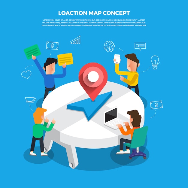 Lluvia de ideas de concepto de diseño plano trabajando en mapas de ubicaciones de iconos de escritorio.